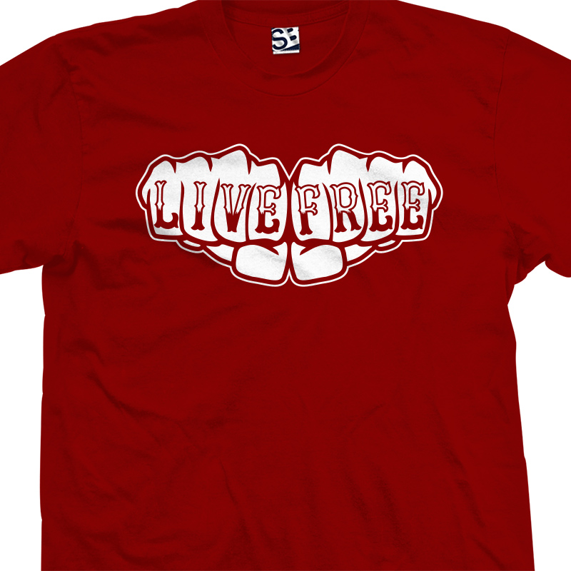 The Live Free Fist Knuckles Tattoo TShirt is available in 